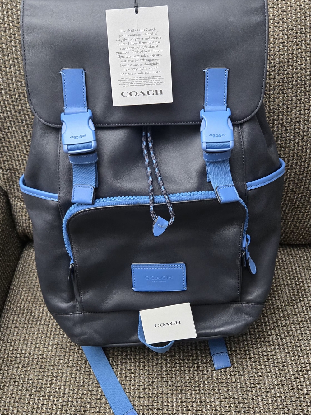 COACH Men's Black Leather Backpack with Blue Trim